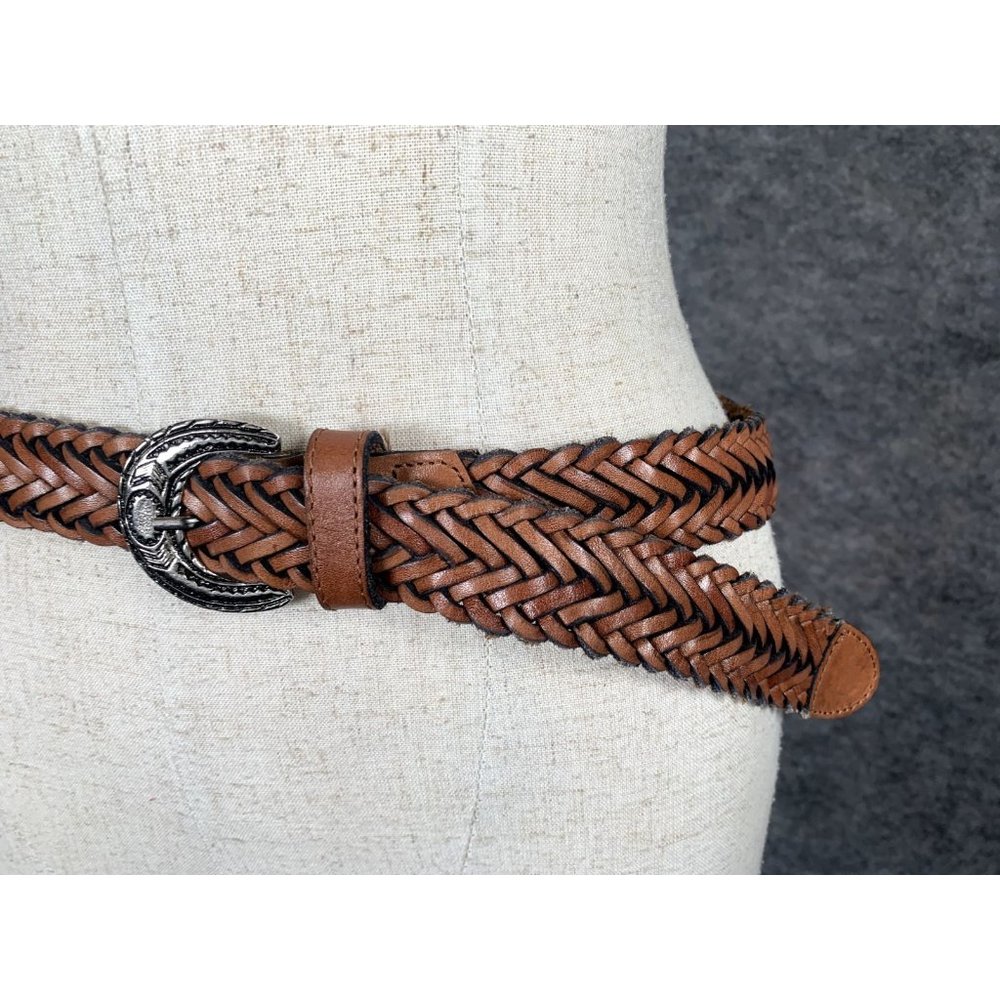 Vintage Womens Braided Belt Leather Brown Medium Solid‎ Silver Tone Buckle Nice - Picture 5 of 16